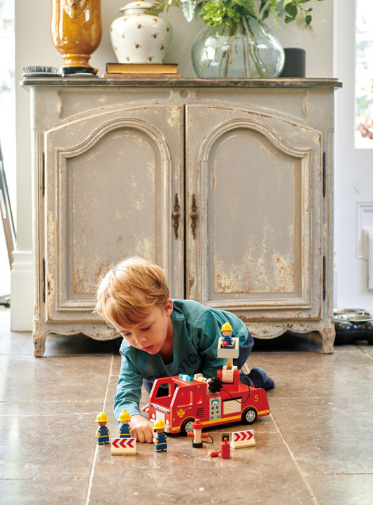 Wooden Red Fire Engine Kids Toy Set - Lifestyle Image 2