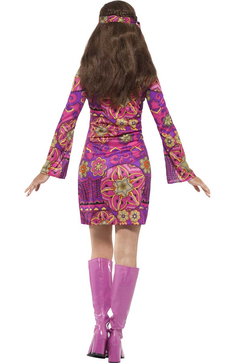 Women's 70s Pink and Purple Woodstock Hippie Costume Dress - Back View