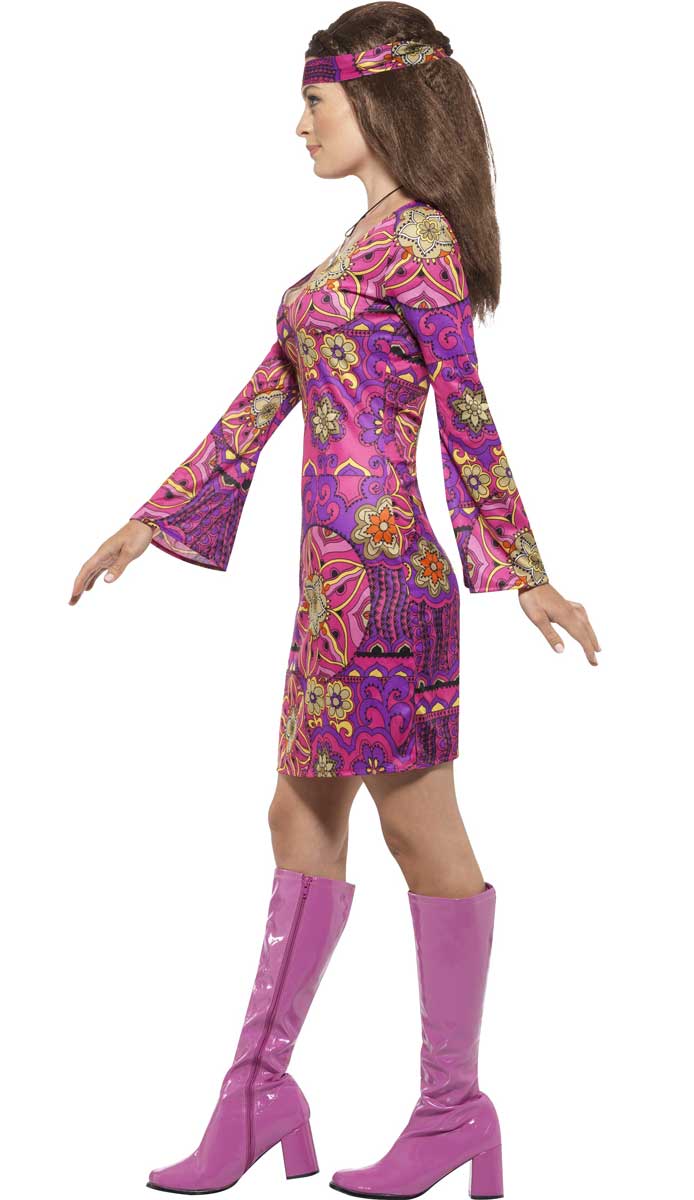 Women's 70s Pink and Purple Woodstock Hippie Costume Dress - Side View