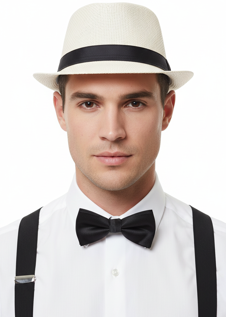 Cream White Coloured Woven Straw Trilby Costume Hat