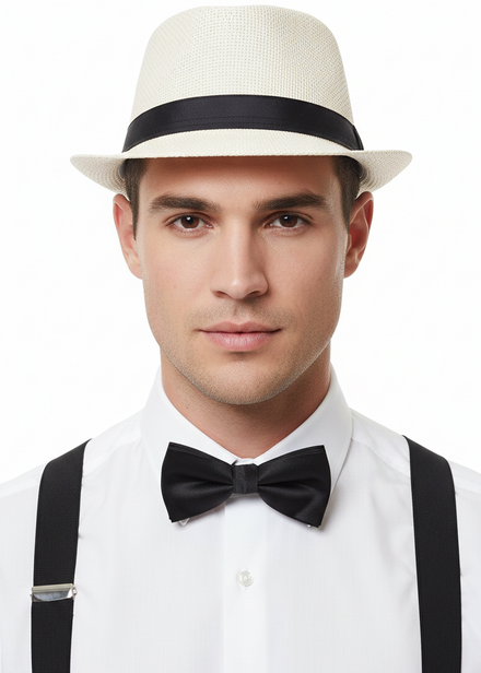 Cream White Coloured Woven Straw Trilby Costume Hat