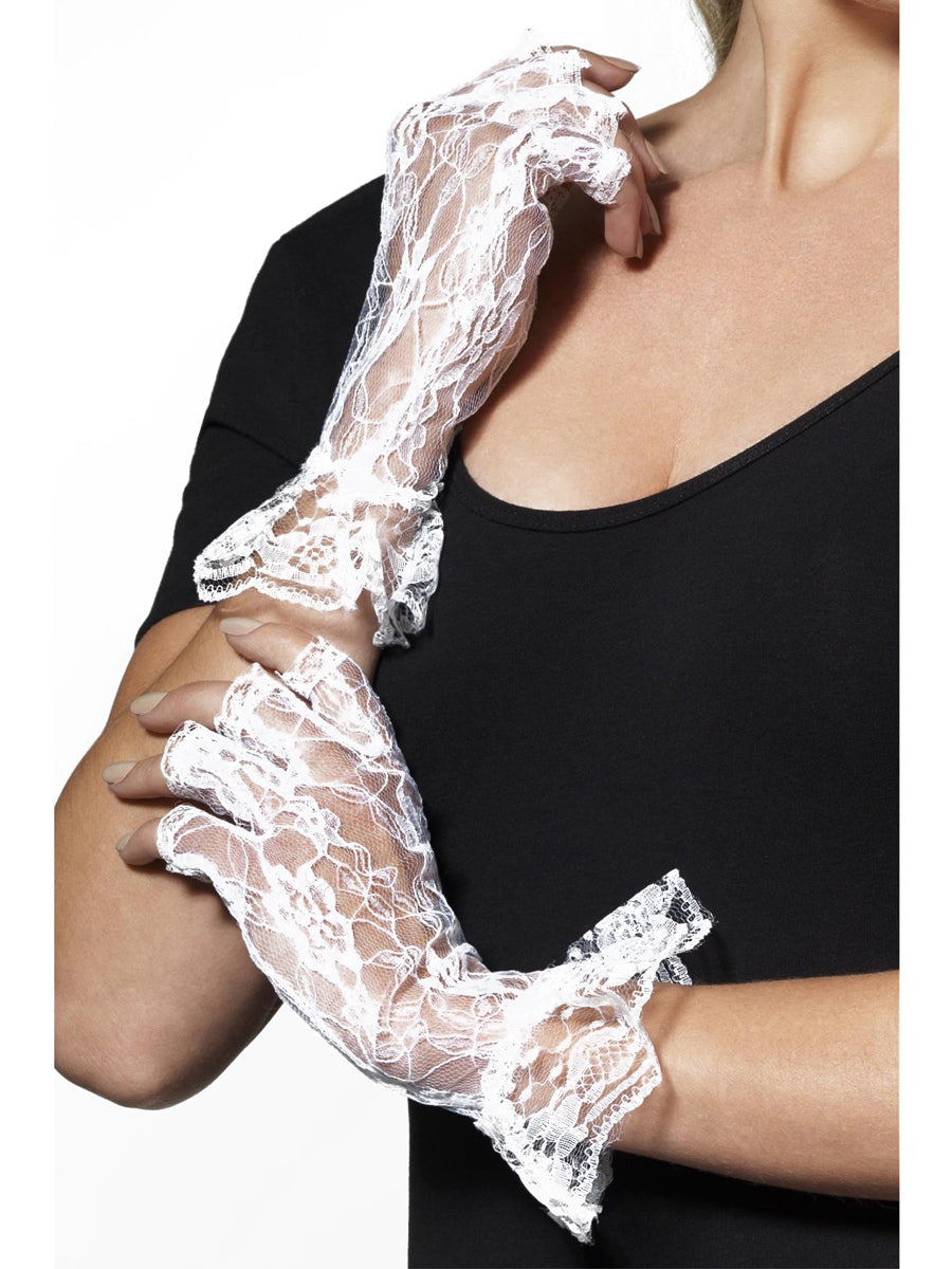 Fingerless White Lace Wrist Length Gloves - Main Image