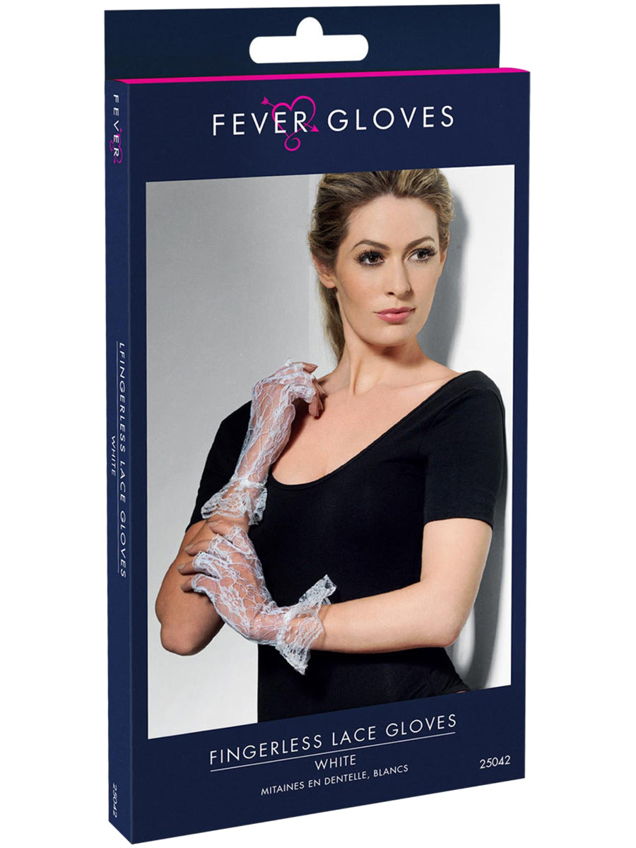 Wrist Length Fingerless White Lace Gloves - Packaging Image