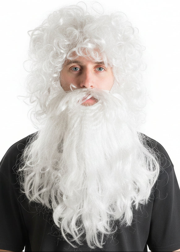 Mens Zeus Greek God White Curly Wig And Beard Set Front Image
