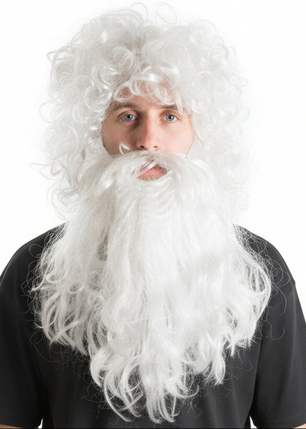 Mens Zeus Greek God White Curly Wig And Beard Set Front Image