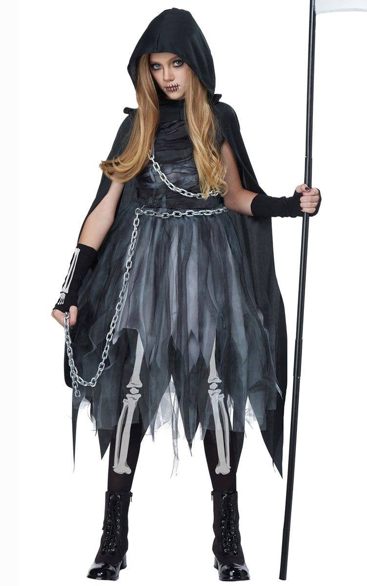 Grim Reaper Scythe Ladies Halloween Fancy Dress Skeleton Adult Women Costume 