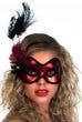 Metallic Red Vinyl Masquerade Mask with Black Trim Edges and Side Feathers - Main Image