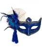 Womens Blue Glitter Mask with Flower Side Feather Costume Masquerade Mask - Face Mask Image