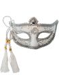 White And Silver Glitter Venetian Masquerade Mask With Rope Flower Detail Second Image