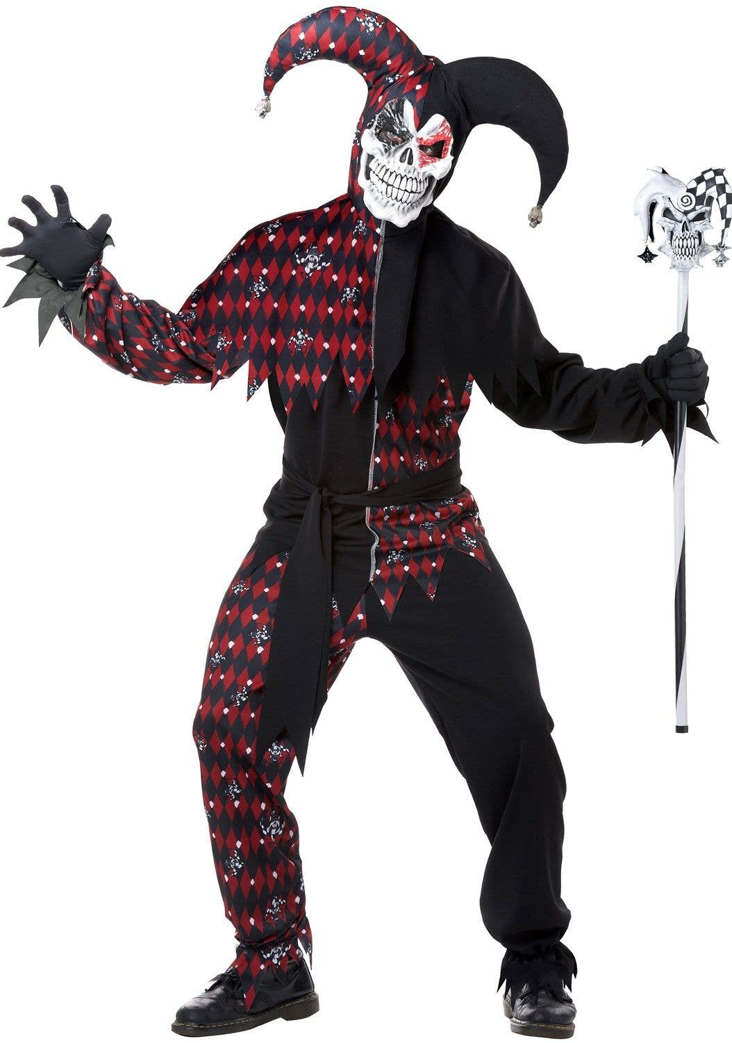 Court Fool Men's Halloween Outfit | Black and Red Jester Costume