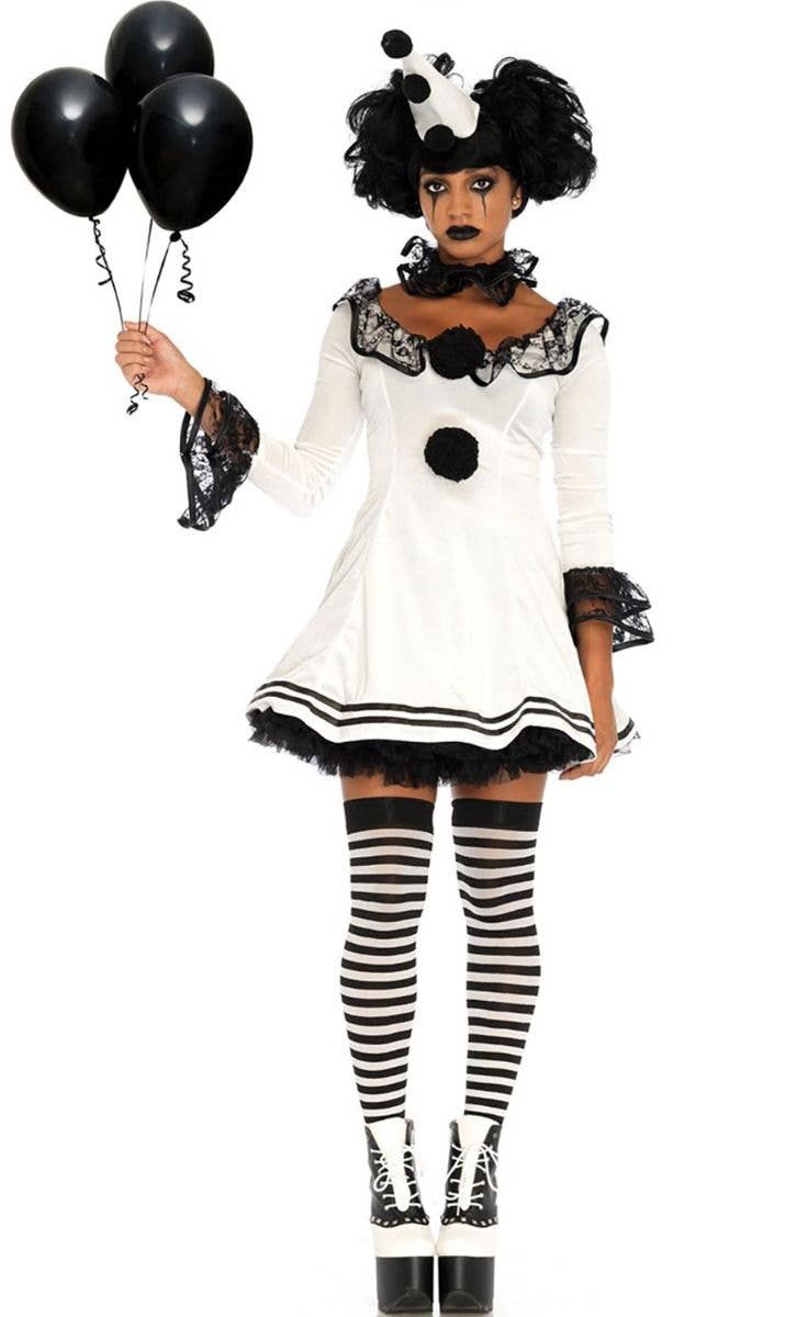 Scary Pierrot Theatrical Black White Clown Costume Halloween Fancy Dress