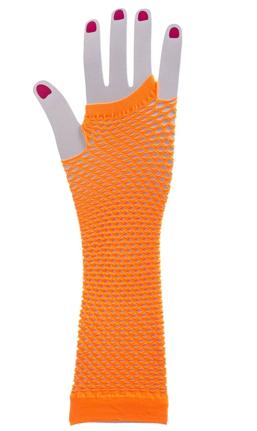Ladies Neon Orange Yellow Pink 80s 1980s Lace Fingerless Fancy Dress Gloves