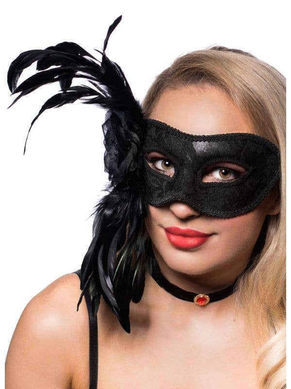 Black Lace Masquerade Mask | Side Feather Black Masqeuerade Mask