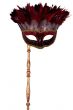 Hand Held Red and Gold Half Face Masquerade Mask with Feathers - Alternative Image 2