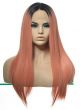 Womens Peach Pink Long Straight Synthetic Fashion Wig with Dark Roots and T-Part Lace Front - Front Dummy Image