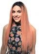 Womens Peach Pink Long Straight Synthetic Fashion Wig with Dark Roots and T-Part Lace Front - Front Image