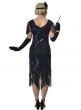 Womens Long Black Gatsby Flapper Dress with Shiny Iridescent Sequins, Cap Sleeve and Black Fringing - Back Image
