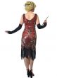 Plus Size Women's Long Red Gatsby Flapper Dress With Gold Sequins and Black Fringe Trim - Back Image