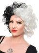 Extra Short Curly Black and White Split Colour Cruella Costume Wig - Front View