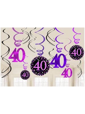 Image of 40th Birthday Pink and Black Hanging Spirals Decoration