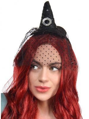 Black Mini Witch Hat Headband with Polka Dot Veil - Main Image