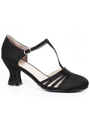 Image of Jazzy Black Satin 1920s Flapper Heeled Costume Shoes - Main Image