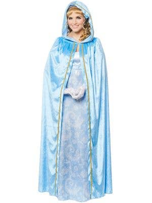 Image of Hooded Blue Velvet Bridgerton Style Womens Costume Cape