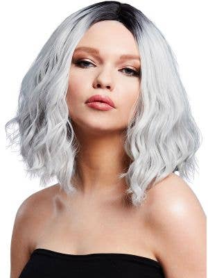 Image of Wavy Ice Silver Women's Costume Wig with Dark Roots
