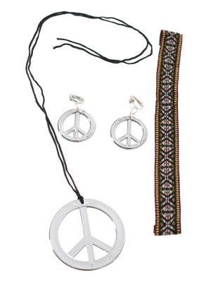 Silver Hippie Peace Necklace and Earrings with Headband Costume Accessory Set Main Image