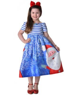 Image of Deluxe Girl's Blue Winter Christmas Dress - Front View