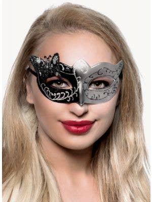 Womens Black and Silver Butterfly Masquerade Mask - Face Mask Image