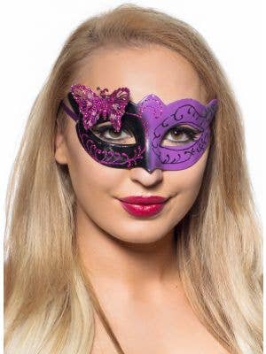 Womens Black and Purple Butterfly Masquerade Ball Mask - Main Image