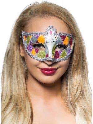Multicoloured Pastel Glitter Harlequin Women's Masquerade Mask - Main Image