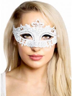 Women's White Cut Out Rhinestone Masquerade Ball Mask - Main Image