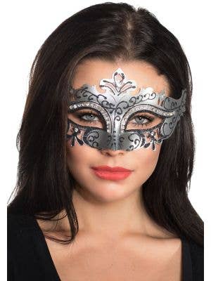 Silver Womens Cut Out Masquerade Mask with Rhinestones - Main Image