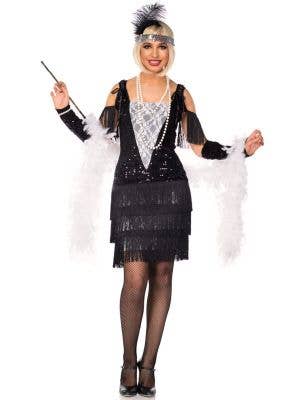 Women's Black and White Lace 1920's Flapper Costume Front