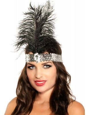 Silver and Black Tall Feather 1920's Flapper Headband - Main Image