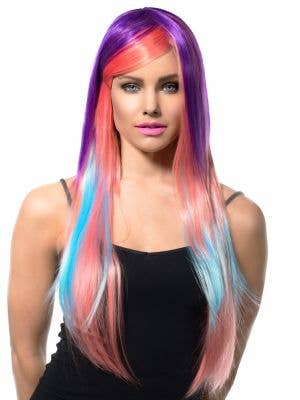 Image of Deluxe Long Purple Pink and Blue Women's Costume Wig - Front View