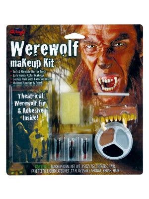 Werewolf Costume Makeup Kit with Fake Teeth, Blood Capsules, Faux Fur and Adhesive