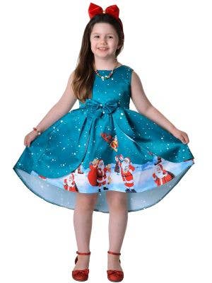 Image of Deluxe Girl's Teal Santa Print Christmas Dress - Front View