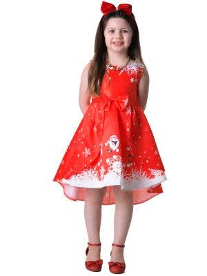 Image of Deluxe Girl's Red Santa Print Christmas Costume Dress - Front View