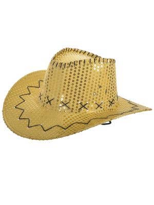 Image of Sparkly Gold Sequin Cowboy Festival Hat with Black Trim - Main Image