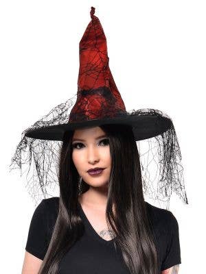 Red Witch Halloween Hat with Black Lace - Main Image