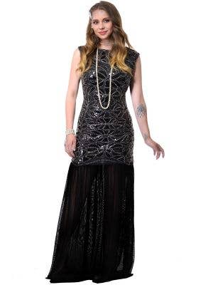 Long Black Deluxe 1920s Hollywood Gatsby Dress Costume for Women - Front Image