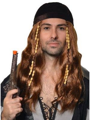 Men's Long Brown Versatile Pirate or Hippie Costume Wig - Pirate View
