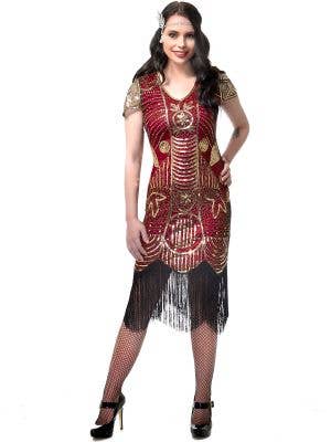 Women's Burgundy Red and Gold Sequined Gatsby Dress Costume Main Image