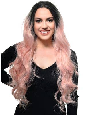 Light Pastel Pink Womens Long Curly Lace Front Fashion Wig with Black Roots - Front Image