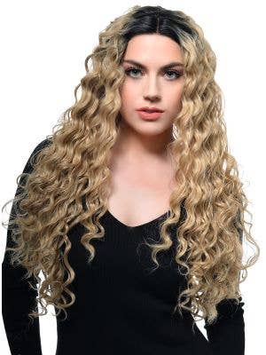 Womens Warm Blonde Spiral Curl Fashion Wig with Lace and Dark Roots - Front Image