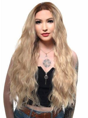 Long Dirty Blonde Naturally Wavy Synthetic Fashion Wig with Brown Roots and Lace Front - Front Image