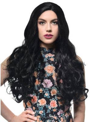 Women's Long Curly Black Synthetic T-Part Lace Front Fashion Wig - Front Image